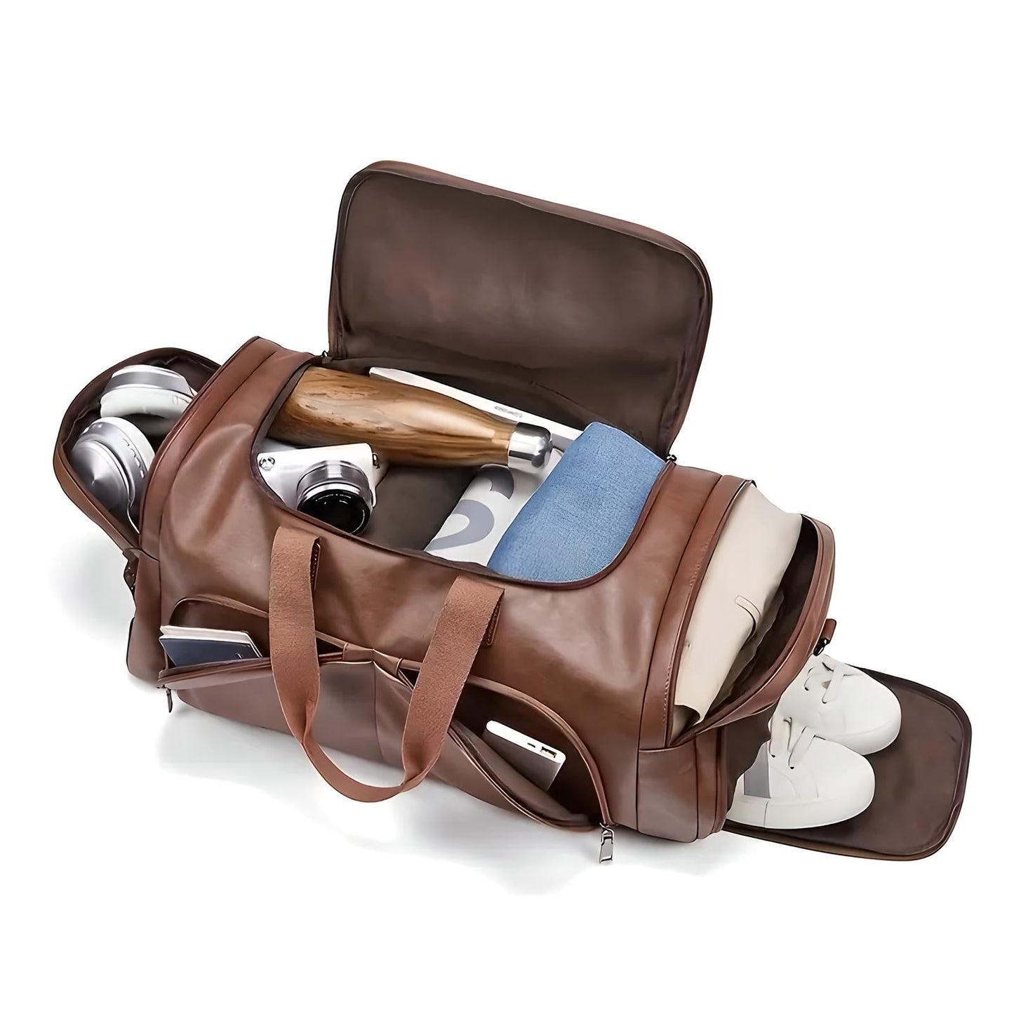 Multi-Compartment Leather Look Men's Duffle Bag